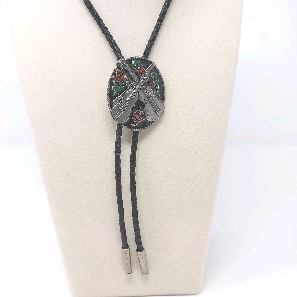 Vintage Mariachi Bolo Tie Signed 1988 Siskiyou Enamel Violins Roses Black Red